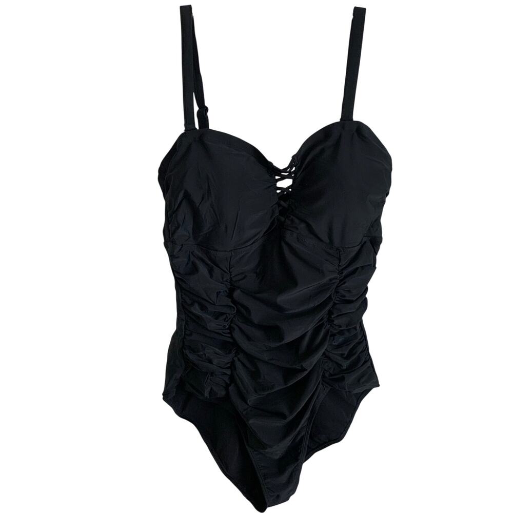 NWOT Torrid Womens Size 2 Black One Piece Swimsuit Ruched Tummy Control Lace Up